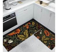 Rétro et Glamour Tapis de Cuisine Set de 2, Fleurs de Pavot vignes Tapis de Sol de Cuisine Lavables, Chemin Antidérapant pour l’entrée et Le Bureau 40x60cm+40x120cm, Vert forêt