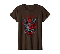 Retro Futurisme Japon Cyborg Hannya Kanji Oni Harajaku T-Shirt, Femme, Marron, M