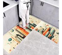 Rétro-futurisme Lot de 2 Tapis de Cuisine antidérapant,Lavable Tapis de Cuisine Paysage Urbain, Couloir, Chambre à Coucher, Salle de Bain.(Orange-Vert, 40x60+40x120cm)