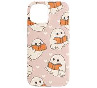 Retro Ghost Reading Books Cute Groovy Spooky Beige Orange Coque pour iPhone 15
