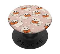 Retro Ghost Reading Books Cute Groovy Spooky Beige Orange PopSockets PopGrip Adhésif