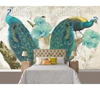 Rétro Graffitis Vert Paon Floral Papier Peint 3D Installation Facile Intissé Tapisserie Bureau Salon Canapé Chambre Décoration Murale-200cm×140cm