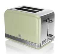 Swan Retro ST19010GNEU Grille-pain Large Fente 2 Tranches, Design Vintage, 3 Fonctions : Dégivrage, Réchauffement, Annulation, Régulateur 6 Niveaux de Torréfaction, Acier Inox, Vert, 815W
