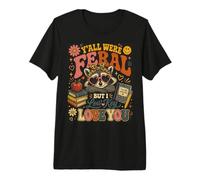 Retro Groovy Raccoon Teacher Survivor Y'all Were Feral T-Shirt Haut de Gamme