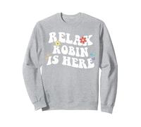 Rétro Groovy Relax Robin is Here Funny Mother's Day Name Sweatshirt, Unisexe pour Adultes, Gris Chiné, M