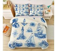 Rétro Housse De Couette 220x240cm, Vagues Monstre Marin Chapeau De Capitaine Phare Parure De Lit Reversible Doux pour 2 Personnes en Respirable Microfibre avec 2 Taies d'oreiller 65x65cm, Beige