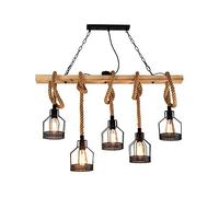 Rétro Industriel 5 Têtes Vintage Lampes Suspendues DIY Hauteur Réglable Corde De Chanvre Éclairage De Plafond En Bois Salle À Manger Intérieur En Métal Lampe Suspendue Chambre Bar Plafonnier Luminaire