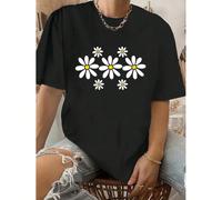 Retro-Inspired Daisy Print Women's T-Shirt - Casual Round Neck, Short Sleeve, Polyester, Machine Washable, Black with White Floral Design Material:CottonDetails: PatternedPattern: Solid colorSheer: No
