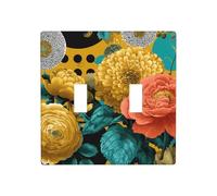 Rétro Jaune Rose Fleurs Bleu Feuilles Double Gang Bascule Plaque Murale Interrupteur Décor Taille Standard - 11,4 x 11,4 cm