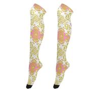 Rétro Mode Fleur Paisley Or Pêche Bas Chaussettes Femmes Genou Haut Anti-Crochet Long Genou Haut Bas Pour Femmes Enceintes Jambes Chauffe-Jambes Femmes Pour Parties Médias Calcetin Para Mujer 1 Paire,