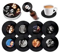 Retro Musique Jazz Divas Lot de 8 mini sous-verres en forme de disque vinyle avec boîte et décapsuleur magnétique