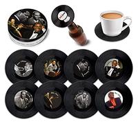 Retro Musique Jazz Legends Lot de 8 mini sous-verres en forme de disque vinyle avec boîte et décapsuleur magnétique