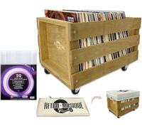 Retro Musique Wooden 12 "LP Vinyle bac de Rangement pour jusqu'à 100 Albums sur Roues (Manchon PVC) Couverture en Tissu Hesse Comprend 50 Vinyle disques Manteaux (Finition Teck)