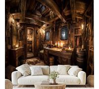 Rétro Nostalgique Cabane en Rondin Papier Peint Vieux Chalet Thème Nautique Papier Adhesif Style Industriel Autocollant Mural 300x210 cm Poster Mural pour Chambre Salon