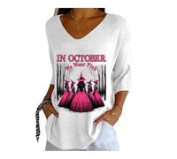 Rétro Octobre We Wear Rose Halloween Sorcière T-shirt pour femmes Breast Cancer Awareness Confort décontracté Col en V Manches longues, Blanc., XXL