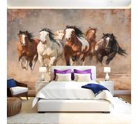 RéTro Papier Peint Intissé 200x140 cm Aquarelle représentant un troupeau de chevaux Papier Peint Panoramique Mural Affiche Géante Décoration Murale Photo Salon Chambre D'enfant Décor Fond TV