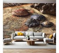 RéTro Papier Peint Intissé 400 x 280 cm Carte du monde et coquillages Panoramique Image Photo Trompe l'oeil Murale Wallpaper Tapisserie pour Salon, Adulte Chambre d'enfants, Étude Décoration