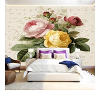 RéTro Papier Peint Intissé 400 x 280 cm Roses à l'aquarelle Panoramique Image Photo Trompe l'oeil Murale Wallpaper Tapisserie pour Salon, Adulte Chambre d'enfants, Étude Décoration