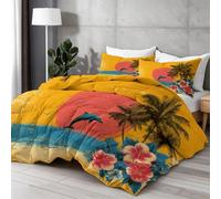 Rétro Plage Tropicale Coucher De Soleil Printed Comforter Set, All-Season Alternative Duvet Insert, Orange Soft Quilted Bedding for Bedroom Decor, Comforter for Summer AC & Winter 173×229 cm