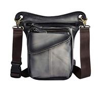 Retro Sac de Jambe Moto Homme Cuir Véritable Sac Bandoulière pour Sports de Plein air Sac Banane Voyage Multi-Poches Imperméable Noir Gris