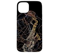 Retro Saxophone Guy Line Art Woodwind Instrument Coque pour iPhone 15 Plus