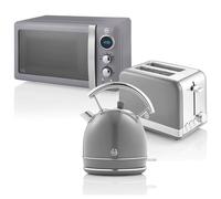 Swan Retro Ensemble Petit-Déjeuner, Bouilloire 1,8 L, Grille-Pain 2 Tranches à Fente Large, Micro-Ondes Numérique 20L, 6 Niveaux de Puissance, Minuteur, Porte Miroir, Design Vintage, Gris