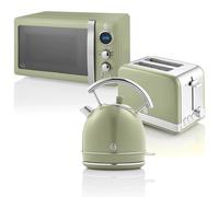 Swan Retro Ensemble Petit-Déjeuner, Bouilloire 1,8 L, Grille-Pain 2 Tranches à Fente Large, Micro-Ondes Numérique 20L, 6 Niveaux de Puissance, Minuteur, Porte Miroir, Design Vintage, Vert