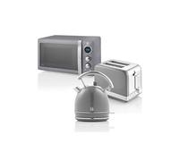 Swan Retro Ensemble Petit-Déjeuner, Bouilloire 1,8 L, Grille-Pain 2 Tranches à Fente Large, Micro-Ondes Numérique 20L, 6 Niveaux de Puissance, Minuteur, Porte Miroir, Design Vintage, Gris