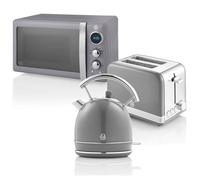 Retro Set Petit-Déjeuner Bouilloire 1,8L Grille-Pain 2 Tranches Micro-ondes 20L, 850W, Gris, SWAN, STRP2070GRNEU