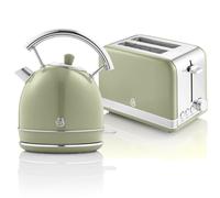 Swan Retro Ensemble Petit-Déjeuner, Bouilloire 1,8L avec Élément Chauffant en Acier Inox, Grille-pain à Fente Large 2 Tranches, Régulateur de Grillage 6 Niveaux, Design Vintage, Vert