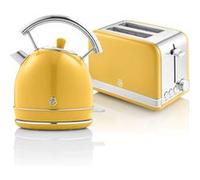 Retro Set Petit-Déjeuner Bouilloire 1,8L Sans fil, Grille-Pain 2 Larges Tranches, SWAN, STP7050YELNEU, 850, Jaune Jaune G