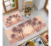 Rétro Simple Tapis de Cuisine 2 pièces, Coucher Soleil Sur Palm Tree Beach Tapis de Cuisine antidérapant, Rose Riz Absorbant l'Huile pour Couloir, Salle à Manger, Entrée et Porte - 40x60+40x120cm