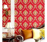 Retro Simplicity Papier peint 3D en relief en PVC Motif damassé européen pour chambre à coucher, salon, fond TV, boutique, magasin de vêtements, studio, hôtel 1.73 'Wx32.8' L Non Encollé (rouge)