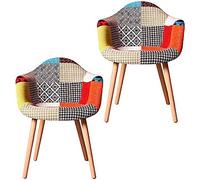 Retro Style Solid Wood & Plastic Linen Dining Chairs 2 Pack Scratch-Resistant Multicolor Patchwork Perfect for Dining Room & Kitchen Use