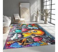 Rétro Tapis à Poils Courts 60 x 110 cm, Lavables Support antidérapant Tapis de salon Rue Musique Guitare Amour moquette Imprimé Convient pour la Chambre la Salle à Manger et le Bureau Couleur