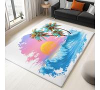 Rétro Tapis de Salon Lavable à Poils Courts 120 x 170 cm - Antidérapant Tapis de Chambre à Coucher Vagues De L'Océan Coucher De Soleil Palmiers Imprimé pour Salle à Manger Bureau Entrée, Couleur