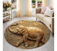Rétro Tapis Rond Enfant 160 cm, Animal Sculpture d'éléphant Feuilles de Lotus Poils Courts Doux, Lavable en Machine & Antidérapant, Petite Moquette Confortable pour Hall d'entrée Bureau