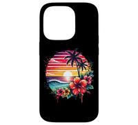 Retro Tropical Sunset Surf Wave Hibiscus Fleurs Plage Vibes Coque pour iPhone 14 Pro