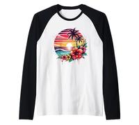 Retro Tropical Sunset Surf Wave Hibiscus Fleurs Plage Vibes Manche Raglan