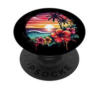 Retro Tropical Sunset Surf Wave Hibiscus Fleurs Plage Vibes PopSockets PopGrip Adhésif