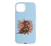 Retro Vintage Flowers Floral Brown Chocolate Dachshund Lover Coque pour iPhone 15 Plus