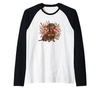 Retro Vintage Flowers Floral Brown Chocolate Dachshund Lover Manche Raglan