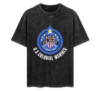 Retro Washed Shirt Men's Unisex Aliens Colonial Marines Weyland Yutani USS Sulaco Work Round Neck Antique Wash T-Shirt Short Sleeve Black XXL