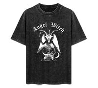 Retro Washed Shirt Men's Unisex Angel Witch Baphomet Round Neck Antique Wash T-Shirt Short Sleeve Black 3XL