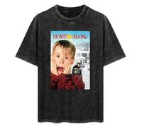Retro Washed Shirt Men's Unisex Home Alone in Round Neck Antique Wash T-Shirt Short Sleeve Black S
