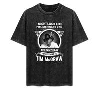 Retro Washed Shirt Men's Unisex I Might Look Like I'm Listening to You But in ... Round Neck Antique Wash T-Shirt Short Sleeve Black L