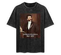 Retro Washed Shirt Men's Unisex Johann Strauss Round Neck Antique Wash T-Shirt Short Sleeve Black L