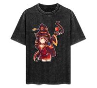 Retro Washed Shirt Men's Unisex Megumin Konosuba Round Neck Antique Wash T-Shirt Short Sleeve Black 3XL