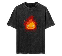 Retro Washed Shirt Men's Unisex Moving Castle Demon Fire She Likes My Spark Cartoon Round Neck Antique Wash T-Shirt Short Sleeve Black M