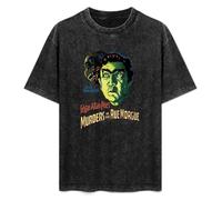 Retro Washed Shirt Men's Unisex Murders in The Rue Morgue Bela Lugosi 1932 Round Neck Antique Wash T-Shirt Short Sleeve Black XL